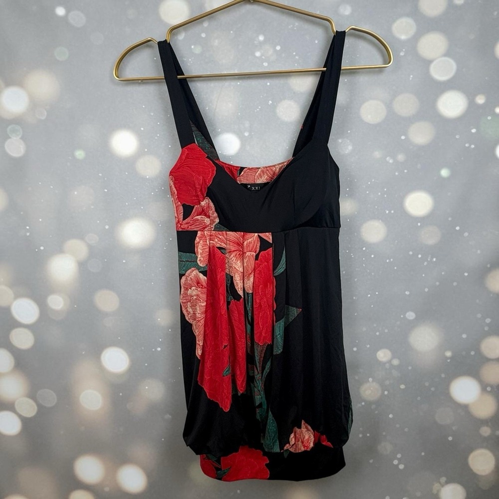 Y2K Forever 21  Dress Black Floral Bubble‎ Size M Made in USA